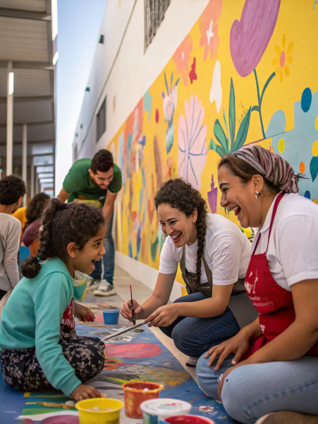 A vibrant photograph capturing participants actively engaged in a collaborative art workshop, showcasing diverse age groups and artistic mediums, set in a brightly lit studio with easels and art supplies.