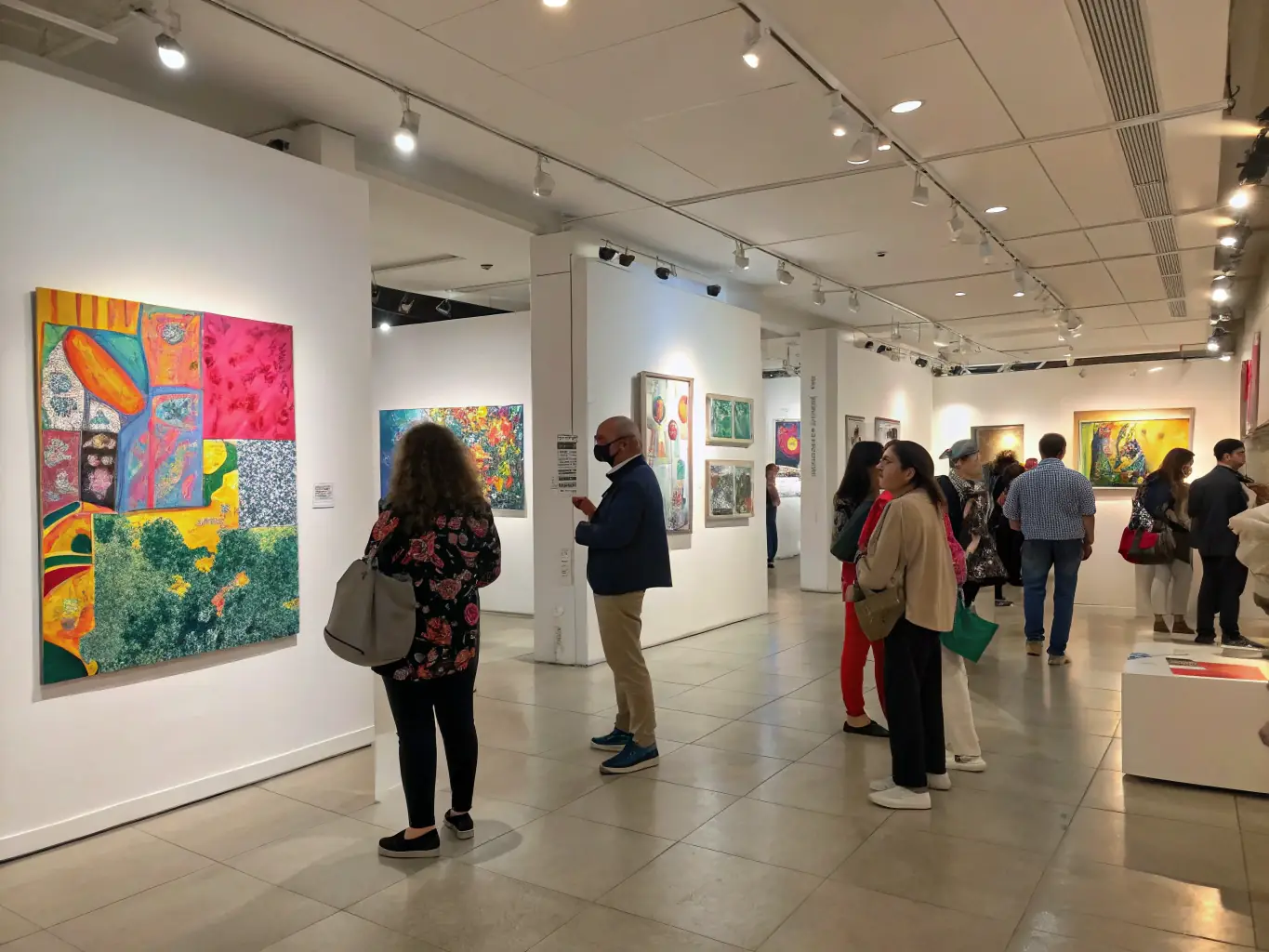 A vibrant image showcasing a community art exhibition, featuring diverse artworks displayed in a public space. People of different ages and backgrounds are seen admiring the art, engaging in conversations, and enjoying the cultural atmosphere.