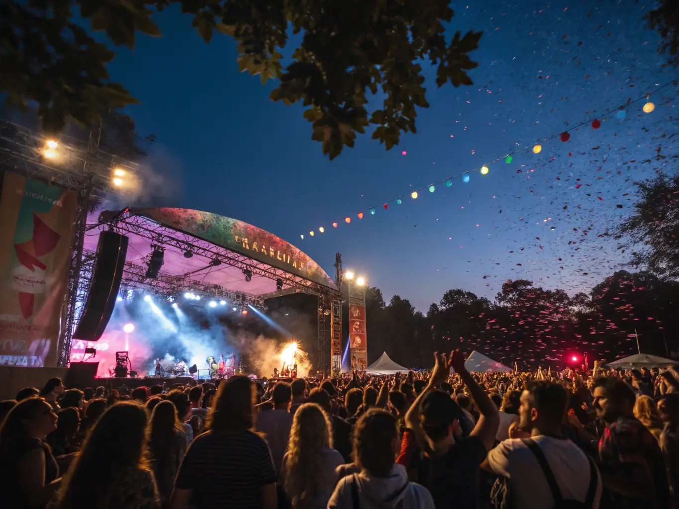 A photograph of a lively music festival, with musicians performing on stage and a diverse crowd of people enjoying the music and dancing. The atmosphere is energetic and festive, with colorful lights and decorations enhancing the visual appeal.