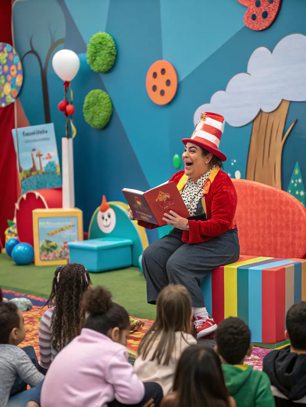 A photo of children participating in a storytelling session during a cultural festival, with a storyteller dressed in traditional attire, engaging the young audience with expressive gestures and props.