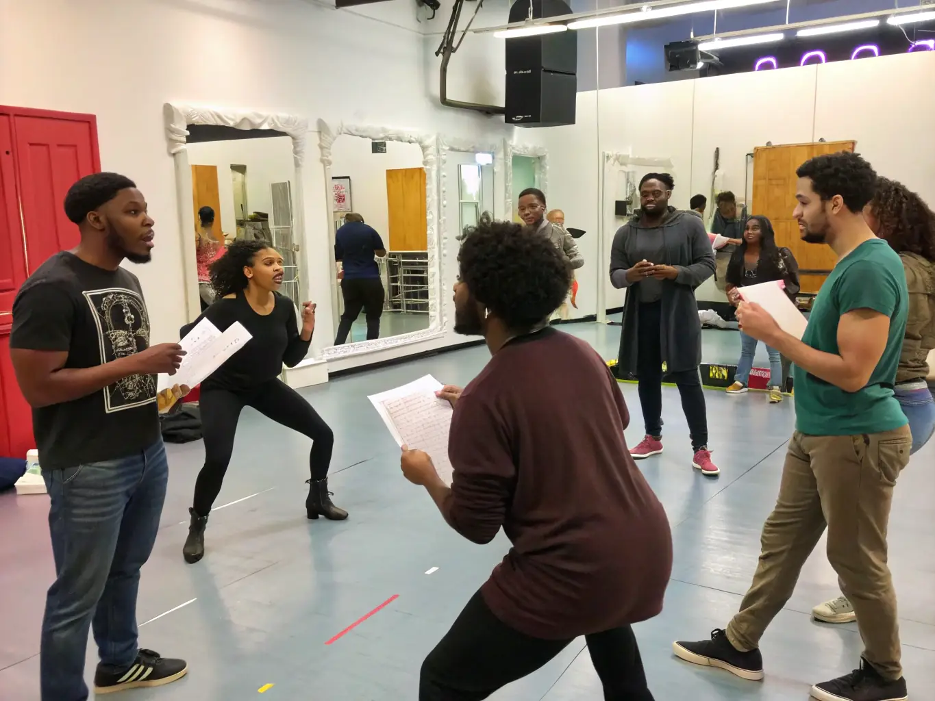 A photograph capturing a dynamic theater workshop in progress, with participants actively engaged in a scene under the guidance of an instructor. The setting is a well-lit studio with various props and costumes scattered around, creating an atmosphere of creativity and collaboration.