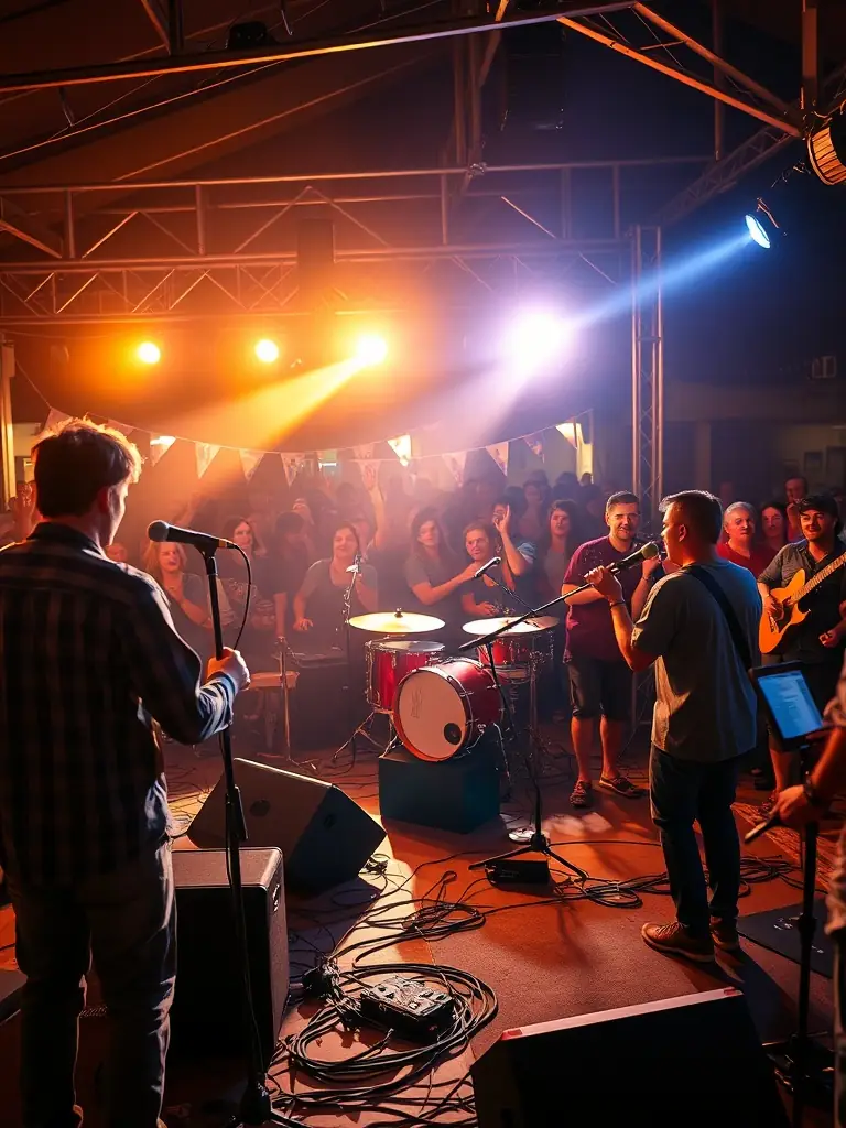 A dynamic image of a live musical performance featuring local musicians on stage, with an enthusiastic audience visible in the background, set in a community hall during a cultural event.